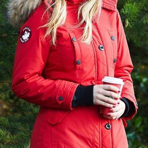 Canada Weather Gear-Red Faux Fur Trim Long Parka